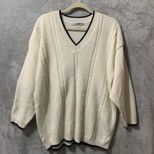 Vtg Partners II Cream Cable Knit V-Neck Sweater Plus Size 2X Black Trim Y2K Boho